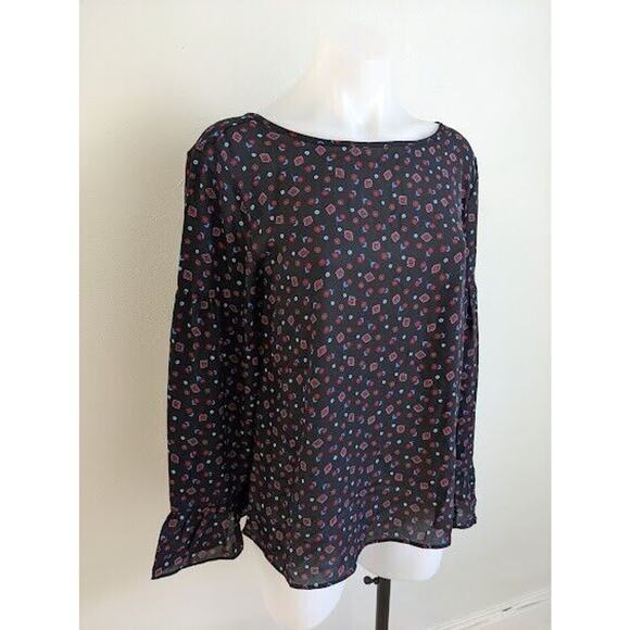 New Loft Small Bell Sleeve Blouse Black Geometric Print Tie Back Crew Neck NWT - Picture 4 of 11